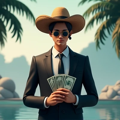 3d character, de terno preto, Eyeglasses, headset, Luffy's straw hat, holding bills, pirate theme background 