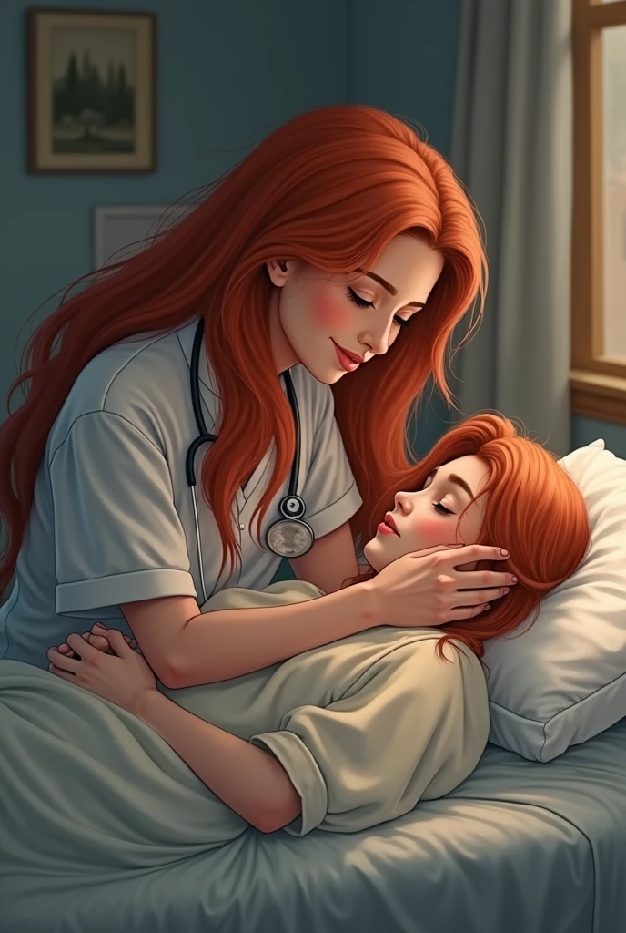 Generate a woman caring for a sick person Girls with RM hair  
