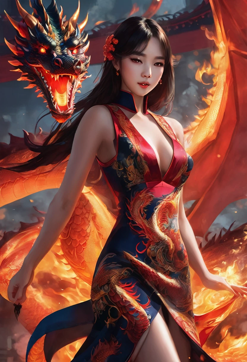 A close-up of a woman in a dress with a dragon, fire dress, intriguing suit, chinese dress, sexy dress, succubus in short tight dress, open dress, intricate dress, cheongsam, intricate fantasy dress, elegant and revealing dress, Open V chest clothing, dress made of fire, dragon girl, dragon body, detailed dress, fantasy dress