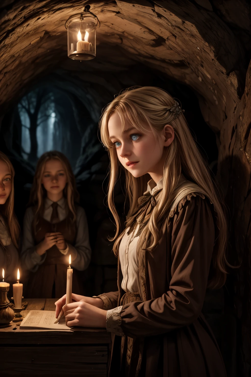 llustration of 15 years old Virginia Otis blonde hair blue eyes youngest cute face, from the Canterville Ghost, furtively observing a group of followers of the Goddess Freia who are celebrating a forbidden ritual inside a mysterious cave. We are sure that only a talented artist like you will be able to capture the essence of this magical and mysterious encounter. Your drawing will be fundamental for the creation of a unique publication, which combines the gothic atmosphere and the charm of the supernatural. Remember to add evocative details, such as candle flames dancing in the dark, shadows moving ominously along the rock walls. Highlight the aura of mystery and emotion that this forbidden encounter evokes.