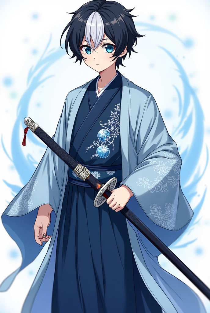 Create an image of a character, a boy, 19 yrs old, is a Hashira, Ice Hashira, has a calm and cute face like Muichiro's and has a sword, he wears hasira haori with design representing his ice breathing, a deep blue kimono with designs also, a dark blue hakama with designs also, a belt with silver design details for his sword, and a tabi japanese footwear made for combat, he also has black hair with white strips and he has crystal blue eyes. I hope you can create an anime like image base on my description. Thank you! make the hair darker and put the sword in the belt make him look calm instead of fierce but still cute