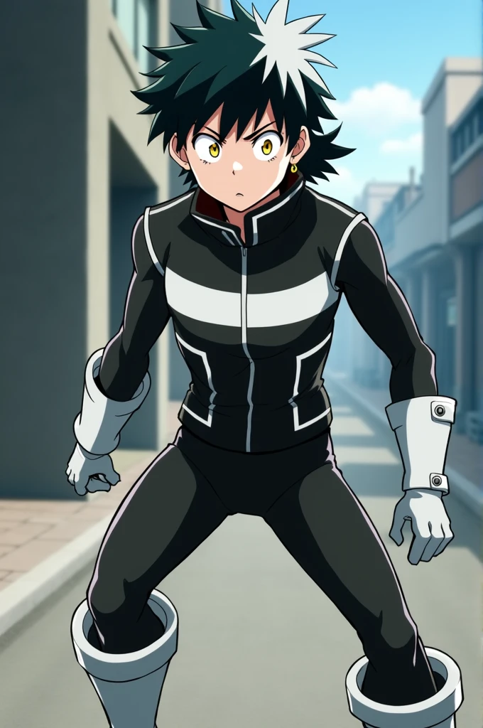 Screenshot from the anime BOKU NO HERO ACADEMIA,  boy, Black hair with a white right side part, Mullet haircut for straight hair,bright golden eyes, ear piercing,He appears active, serious expression, He is wearing his hero suit, which combines black and white colors with tall white platform boots and a black leather jacket with a white horizontal line.