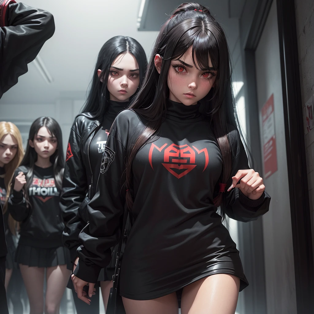 A hot and young female bully with black long hair and red eyes and dressed in black cool clothes in a school hallway, she has her own gang of 3 bully girls behind her, the other bullys have blond hair and brown hair. Epic style, dark and gloomy atmosphere, darker colors, rain outside