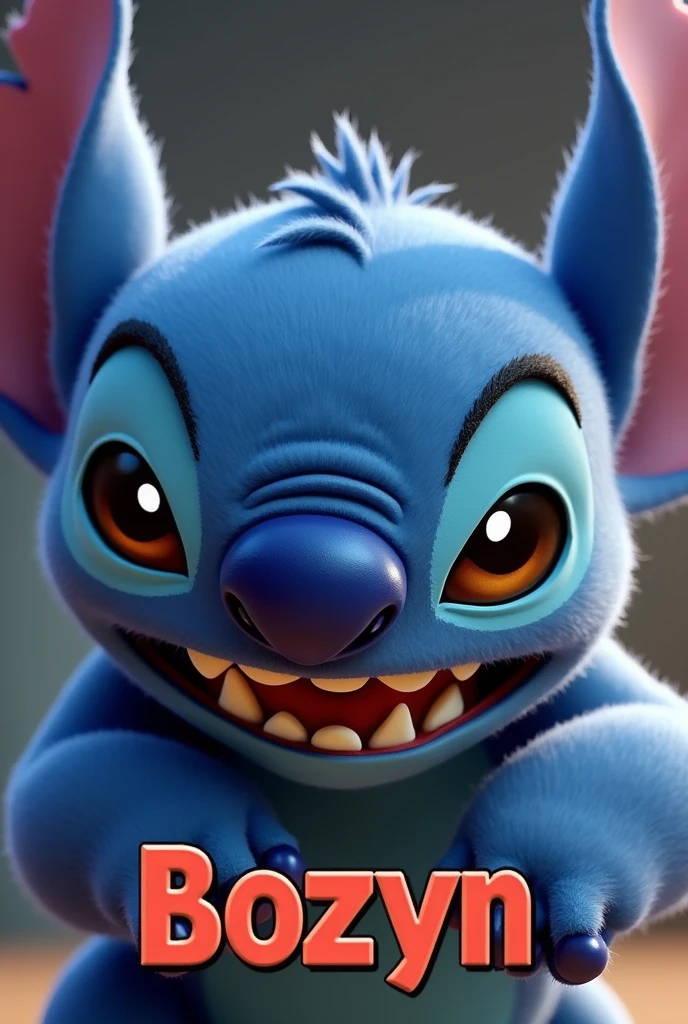 3D image of an animated blue Stitch face logo, angry, with the name Bozyn written below it.