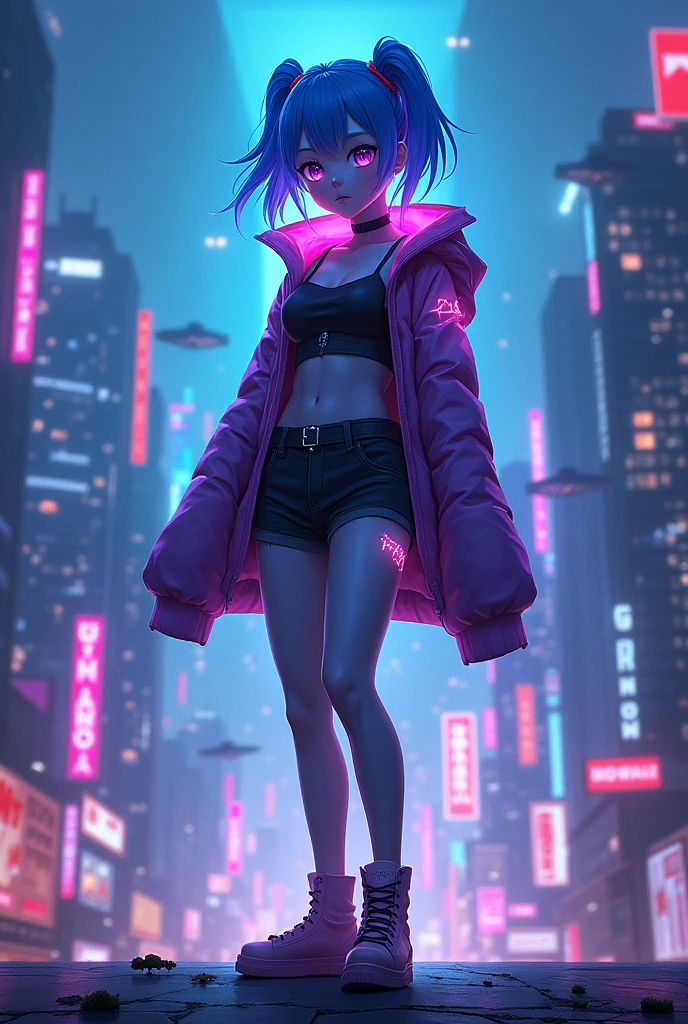 "Create a mesmerizing mobile wallpaper featuring a charismatic anime character in an enchanting, futuristic cityscape at night. The anime character should have striking, vivid hair—perhaps in a shade of electric blue or vibrant purple—with large, expressive eyes that reflect the city lights. They should be dressed in a stylish, modern outfit with glowing neon accents, standing confidently on a rooftop overlooking the city. The backdrop should include towering skyscrapers with neon signs and flying vehicles, giving a cyberpunk vibe. A soft, magical glow surrounds the character, making them the focal point of the scene. The overall design should be visually stunning, combining the allure of the anime character with the captivating energy of the city, making it a wallpaper everyone will want to have on their phone."
