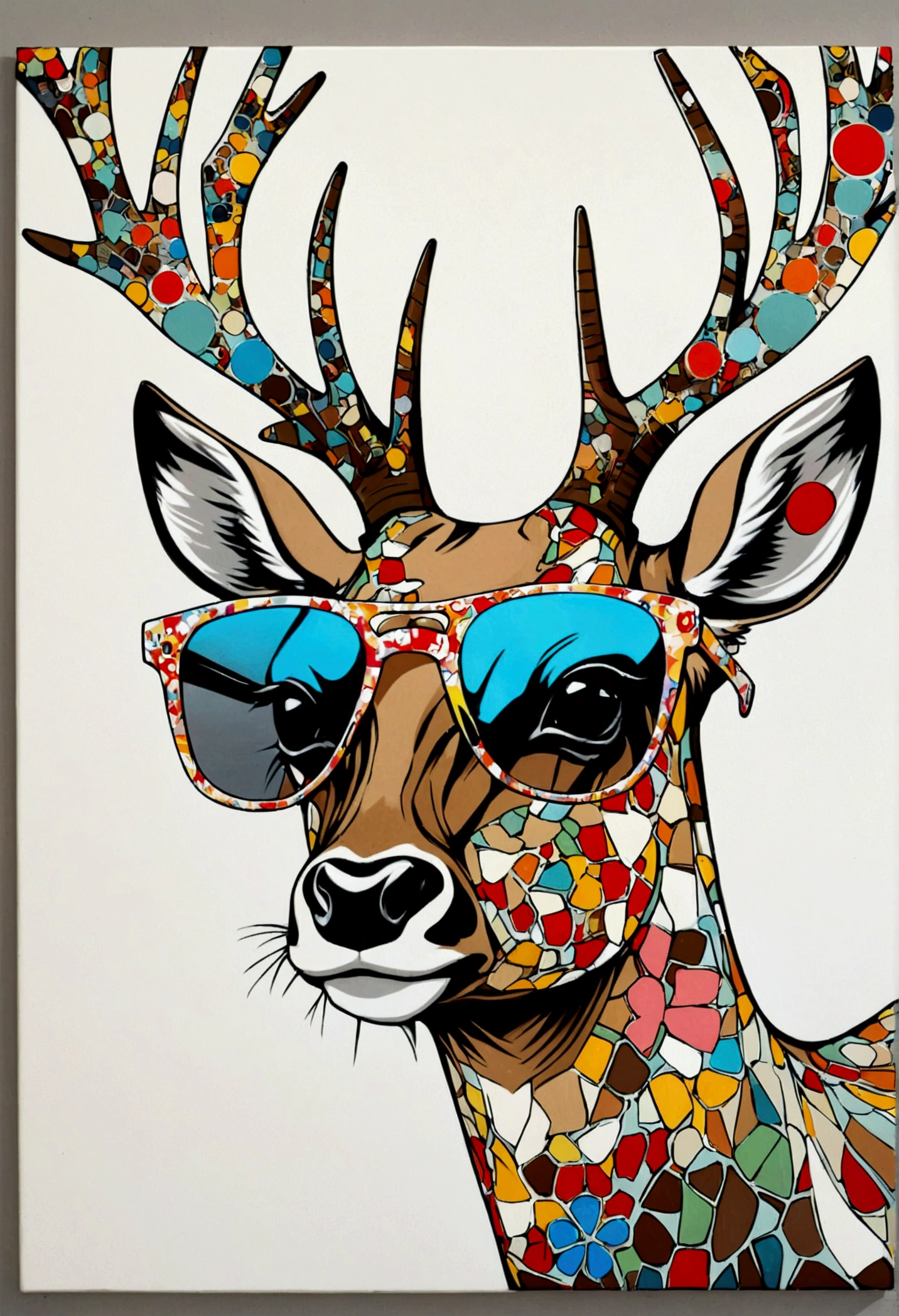 Deer in light brown white with sunglasses, pop art, graffiti