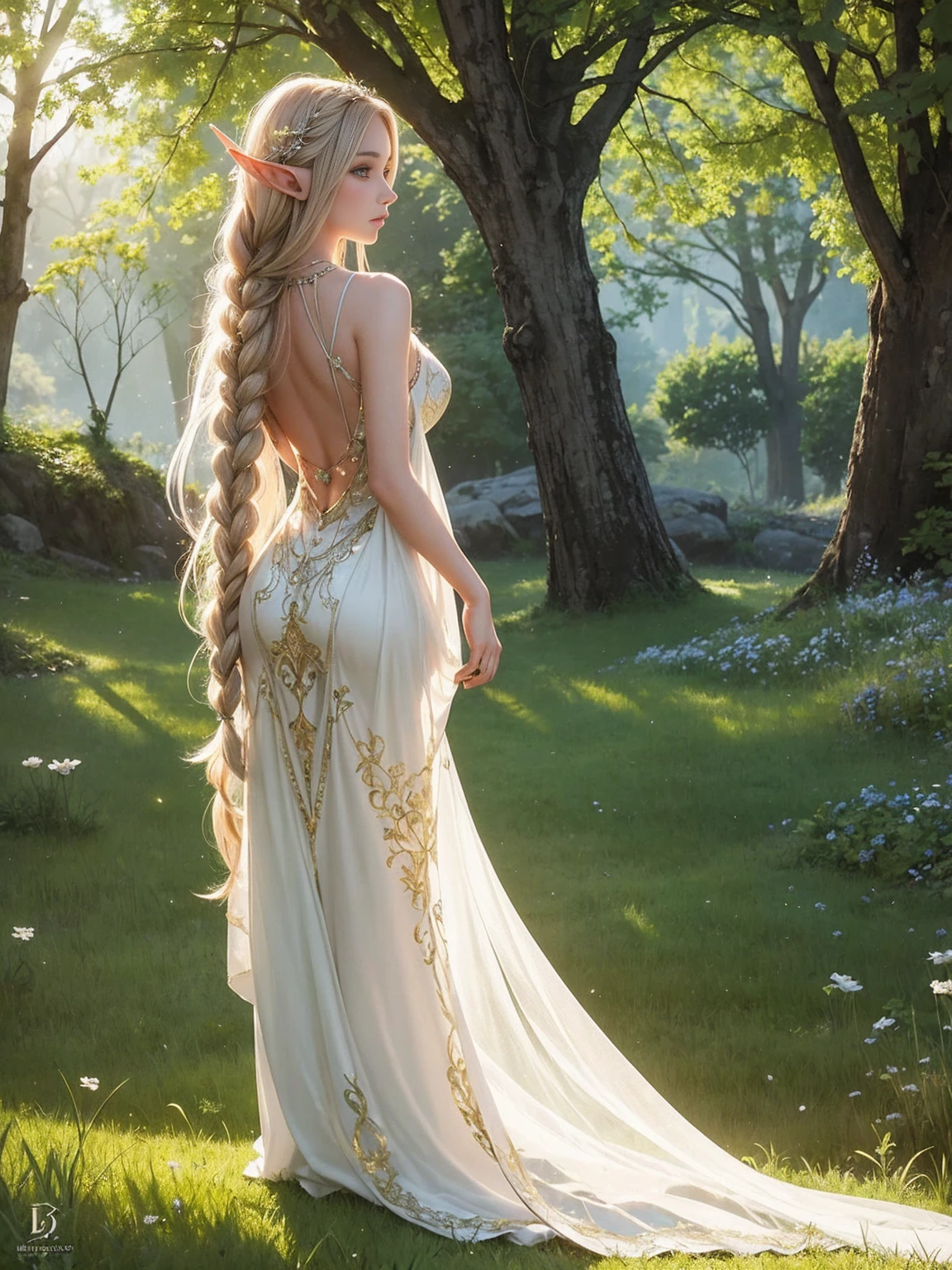 A graceful elf is in a meadow, Her delicate features illuminated by the soft light of the setting sun. Their long, loose hair cascades down her back, adorned with intricate braids and adorned with sparkling jewels. This stunning painting captures the ethereal beauty of elves. Her slender figure in a silk dress sways in the gentle meadow breeze. The artist's attention to detail is evident in the intricate patterns of her dress and the subtle highlights of her luminescence... Skinned. This breathtaking depiction of an elf girl exudes a sense of enchantment and transports the viewer to a magical world. The beautiful magical elf is inspiring as she holds a wizard's staff, uses fire ball magic, and is about to defeat the Demon King with blast magic., If you pull your skirt, You can see her see-through panties and it will be embarrassing.