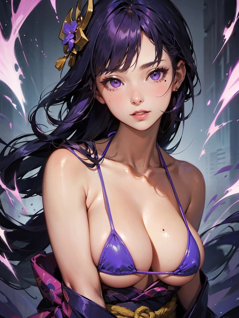 cutesexyrobutts style, 1girl, raiden_shogun, solo, purple_hair, glowing_eyes, (Acrylic paint),(colored acrylic paint),(micro bikini). , purple_eyes, hair_ornament, bangs, long_hair, glowing, breasts, flower, looking_at_viewer, parted_lips, kimono, sash, mole, mole_under_eye, large_breasts, hair_flower, ribbon, cleavage, obi, braid