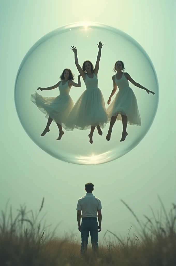 Women dancing inside a bubble with a man outside looking back and sad