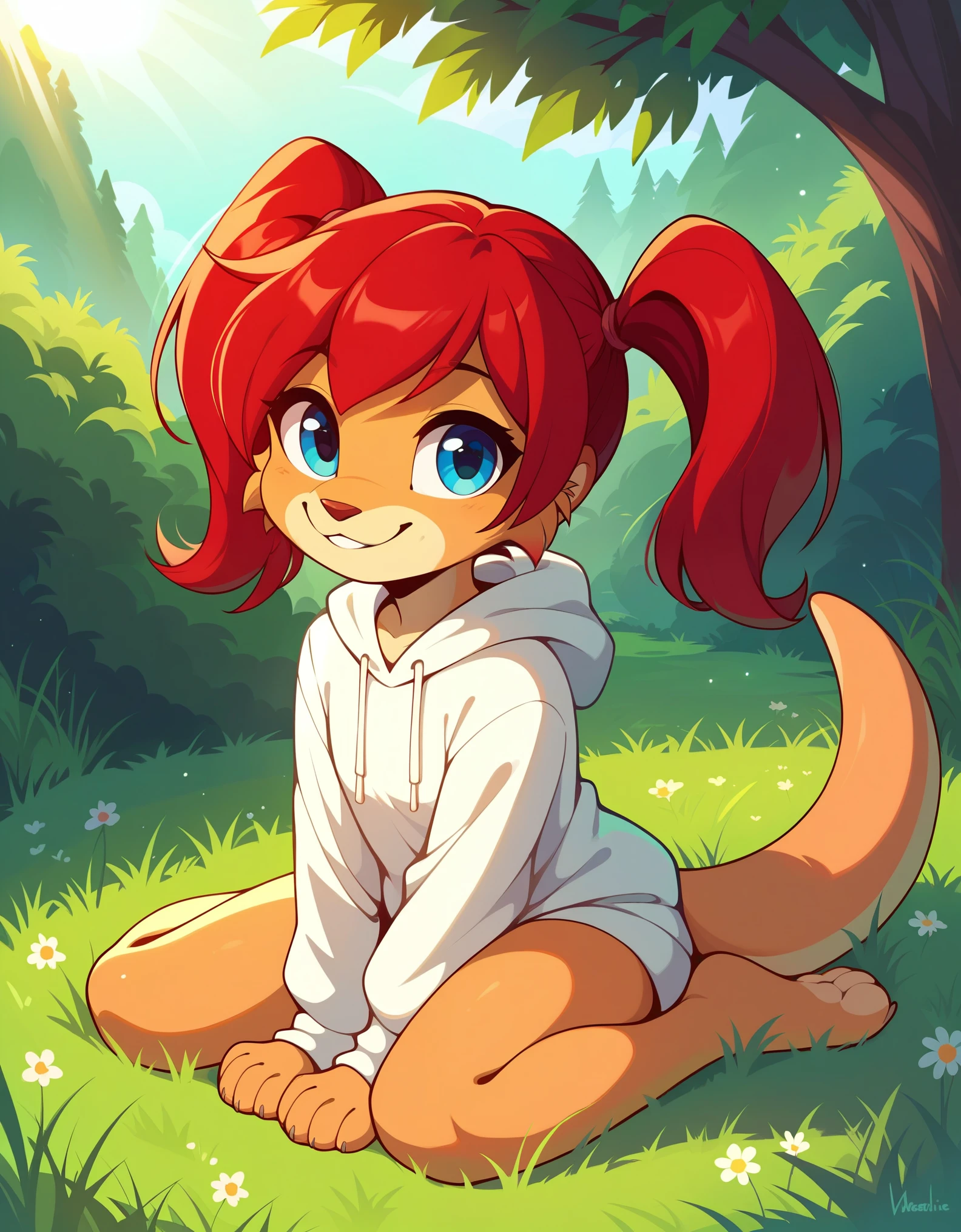 score_9, score_8_up, score_7, rating_ safe, source_furry, furry, camille_w, solo, red hair, twintails, blue eyes, hoodie, (kangaroo tail:0.7), sitting, outdoors, grass, looking at viewer, smile, cute, sunlight, natural lighting, 