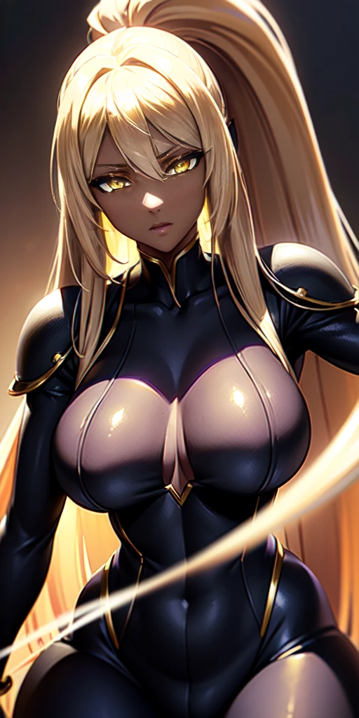 (best quality, 4k, high resolution: 1.2), anime, drawing, portrait, masterpiece, best quality, absurdities, (Official art, masterpiece, 8k, HD, ultra-detailed), ultra-detailed, fantasy art, portrait of a beautiful woman from dark skin, 32 years old, wearing combat gear, (yellow eyes: 1.4), (hyper-detailed anime eyes: 1.2), expressive eyes, details in the eyes, white eyelashes. A woman with dark skin, dark skin, dark skin, tanned skin, (perfect anatomy: 1.4), (highly detailed shading: 1.2), perfect shadows, perfect lighting, hdr, cowboy photo, glowing skin, fantasy costume, Cosplay combat, (costume black combat suit: 1.3), beautiful body, crazy resolution, CG wallpapers, beautiful face, detailed hands, AI generated, complex, high resolution, highest quality, super high quality, 2D images, 2D images, one person, Long white hair, ponytail, wavy hair, Anime woman posing for a photo, mega hyper detailed eyes, yellow eyes、(Bright eyes: 1.3), a hyper-realistic, hyper-realistic, realistic anime woman with long white hair, anime smooth CG art, Fantasy Art, (dark skin: 1.3), mature body, (large breasts: 1.1)