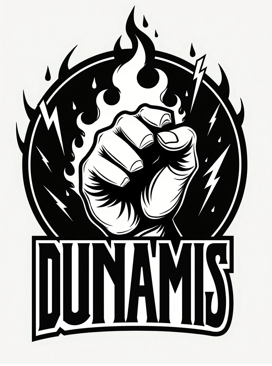 /Imagine a logo with a hand engulfed in fire and lightning bolts surrounding it, with the word 'dunamis' written in a bold and assertive style. The hand is clenched, in black and white.