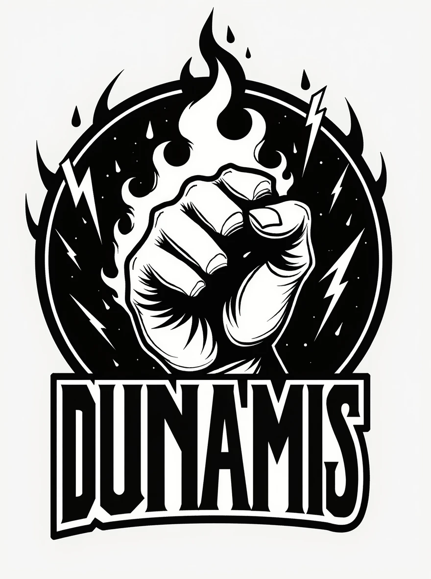 /Imagine a logo with a hand engulfed in fire and lightning bolts surrounding it, with the word 'dunamis' written in a bold and assertive style. The hand is clenched, in black and white.