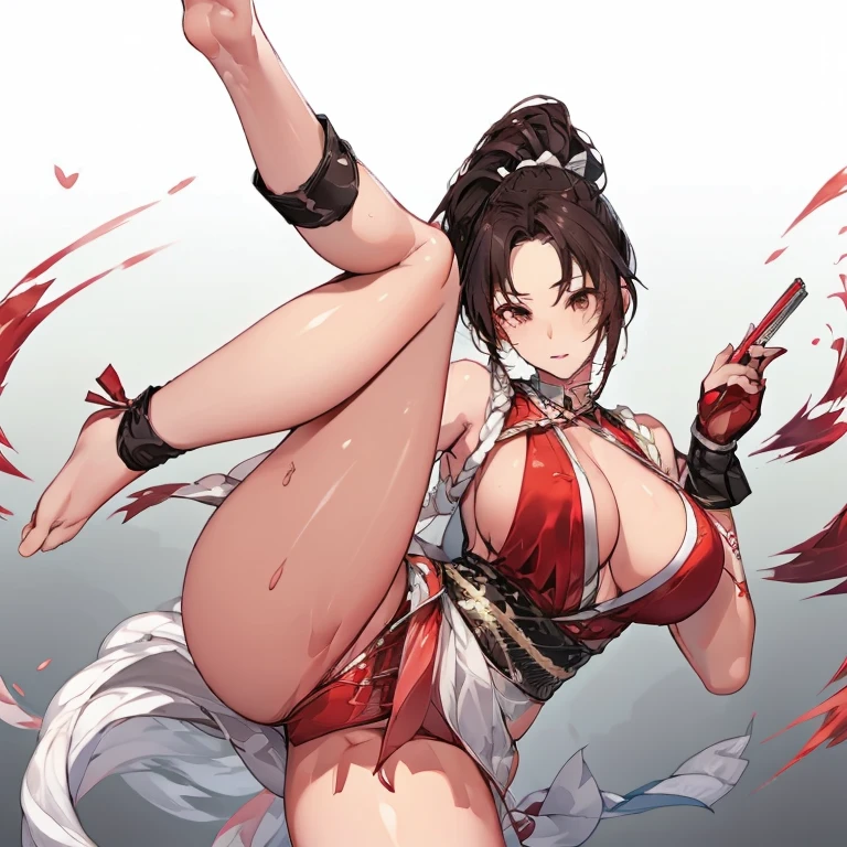 ((Master quality, 8K, masterpiece:1.3, ultra-detailed, high resolution, RAW Photos, detailed Realistic background, cinematic lighting)), Actual, Realistic, photo, HDR, BREAK, detailed eyes, perfect anatomy, perfect hands, BREAK, , One person alone, Mai Shiranui,(King Of Fighters), (Stand:1.5 up straight , , arms behind), Grey Eyes, ponytail hair, Adult beautiful woman, ( Round and Stacked Breasts ), , Cleavage, Slim waist, smile:1.5, Sweat-soaked skin, ( Slingshot Swimsuit, ), Graffiti art, (, front Angle, knee shot, ), BREAK, Licking a icecream , Beach_parasol, Beach cocktails on a round table, dynamic angle, outdoor, beach