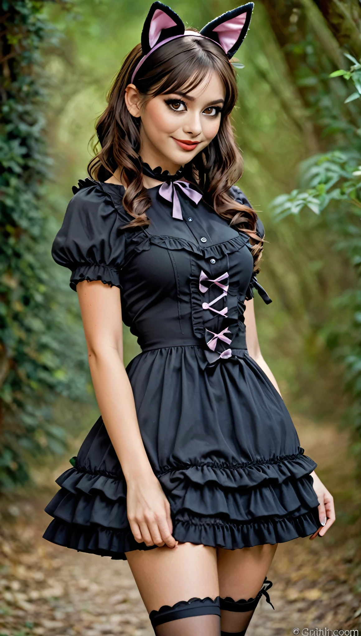 very young slim fit girl, at full height, rounded face, very long disheveled dark brown hair, big brown eyes, shy smile, perfect flat breast, band on head with fake cat ears, gothic ****ta, puffy sleeves, short sleeves, choker, frills, bows, ribbons, close microdress, very short dress, full body shot