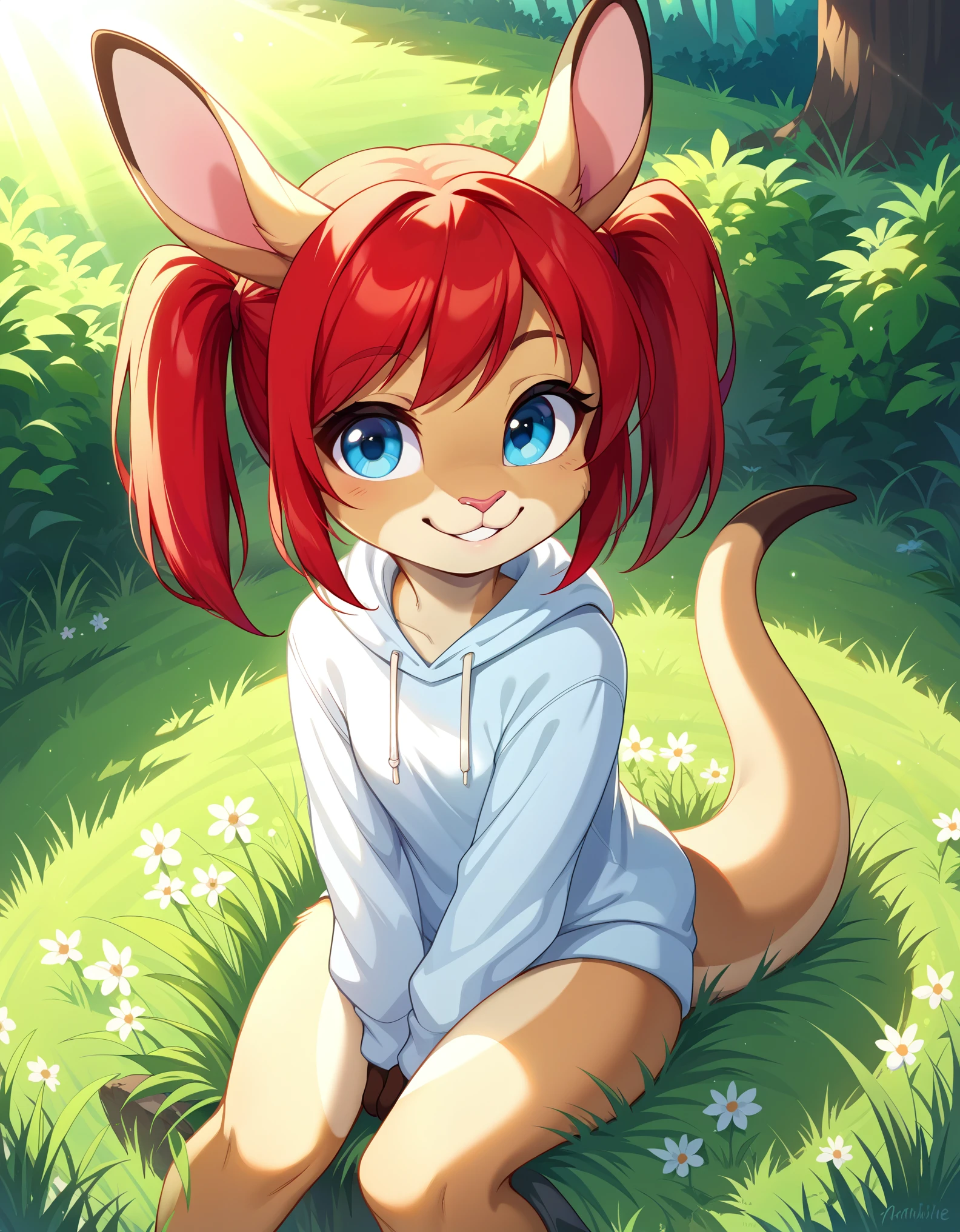 score_9, score_8_up, score_7, rating_ safe, source_furry, furry, camille_w, solo, red hair, twintails, blue eyes, hoodie, kangaroo tail, sitting, outdoors, grass, looking at viewer, smile, cute, sunlight, natural lighting, 