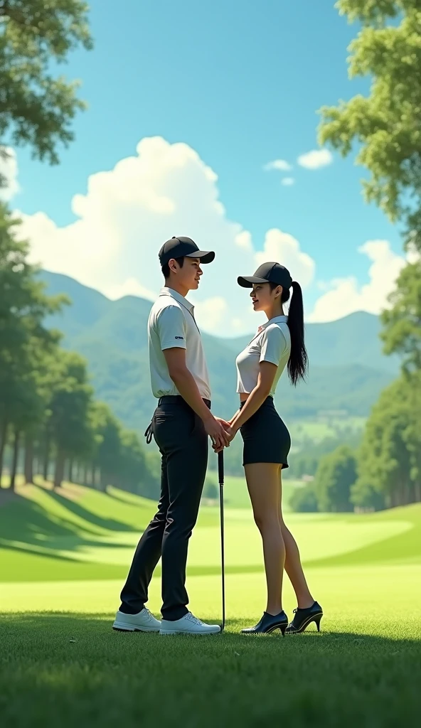 Handsome Korean Male Golfer, Sexy Korean Female Golfer, Make a picture of two people standing together in the field, Golf Cap, Golf Goal, Golf Club, Make female athletes wear short skirts,