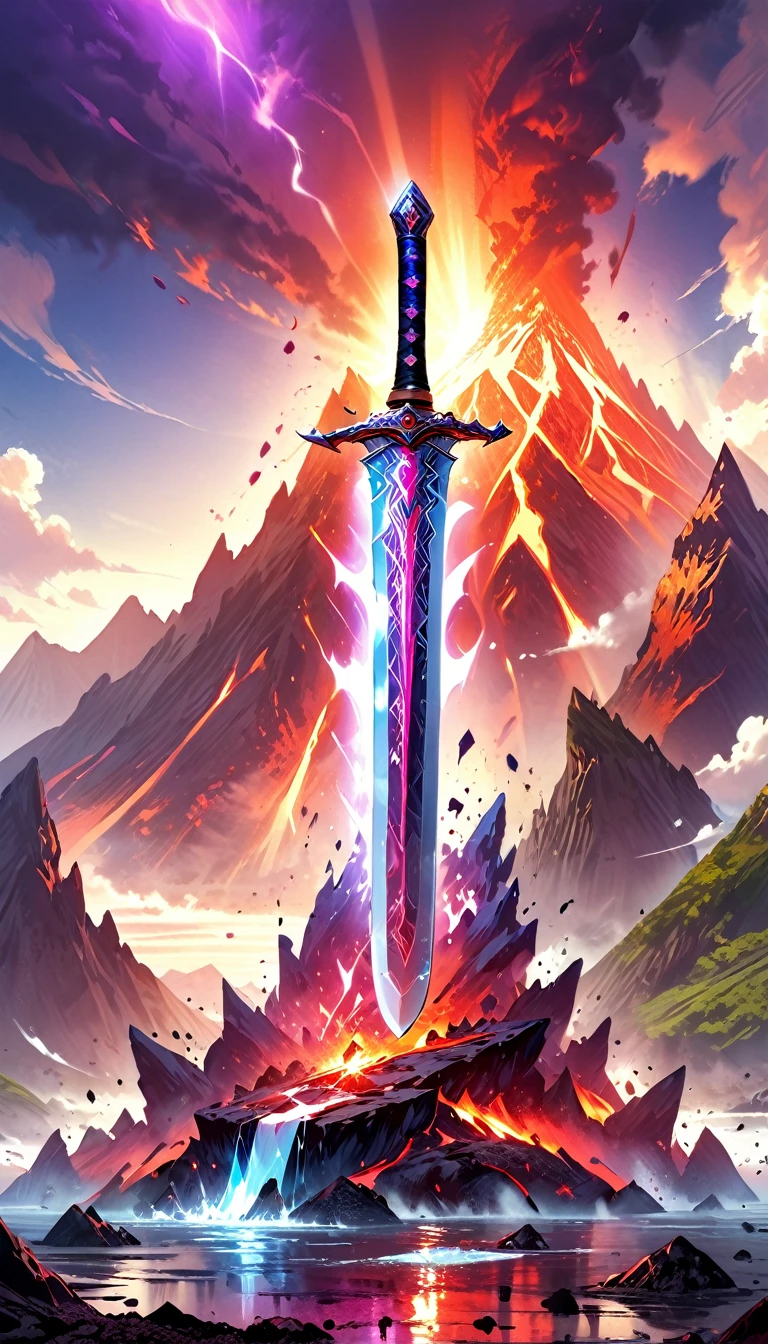 an giant sized sword surrounded with blue flame  stands on its point in volcano, a masterful sword made from diamond, epic sword, divine sword, (mountain sized sword: 1.5), its glistening in the sun, it has many facets, purple flames surround it GlowingRunesAI_purple, it stands in a pool of lava in a volcano, fantasy volcano background, sun rays, divine rays, high quality, landscape, lava land,  (best details, Masterpiece, best quality :1.5), ultra best realistic pictures , best details, best quality, 16k, [ultra detailed], masterpiece, best quality, (extremely detailed), ultra wide shot, photorealism, depth of field, diamondWM, rpg portrait
photograph