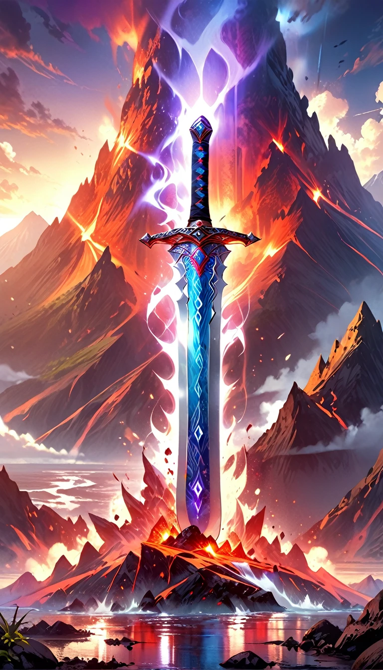 an giant sized sword surrounded with blue flame  stands on its point in volcano, a masterful sword made from diamond, epic sword, divine sword, (mountain sized sword: 1.5), its glistening in the sun, it has many facets, purple flames surround it GlowingRunesAI_purple, it stands in a pool of lava in a volcano, fantasy volcano background, sun rays, divine rays, high quality, landscape, lava land,  (best details, Masterpiece, best quality :1.5), ultra best realistic pictures , best details, best quality, 16k, [ultra detailed], masterpiece, best quality, (extremely detailed), ultra wide shot, photorealism, depth of field, diamondWM, rpg portrait
photograph