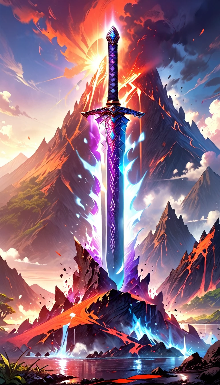 an giant sized sword surrounded with blue flame  stands on its point in volcano, a masterful sword made from diamond, epic sword, divine sword, (mountain sized sword: 1.5), its glistening in the sun, it has many facets, purple flames surround it GlowingRunesAI_purple, it stands in a pool of lava in a volcano, fantasy volcano background, sun rays, divine rays, high quality, landscape, lava land,  (best details, Masterpiece, best quality :1.5), ultra best realistic pictures , best details, best quality, 16k, [ultra detailed], masterpiece, best quality, (extremely detailed), ultra wide shot, photorealism, depth of field, diamondWM, rpg portrait
photograph