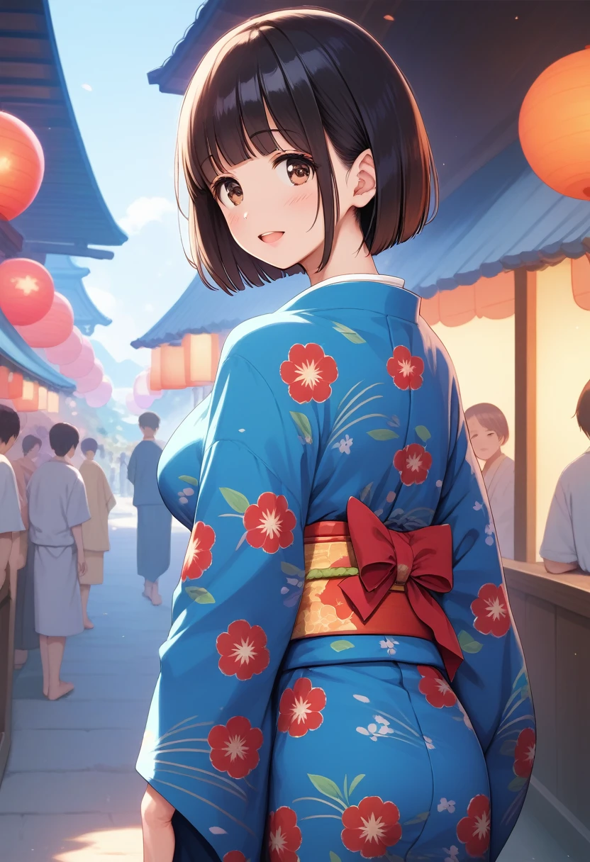 score_9,score_8_up,score_7_up,masterpiece,best quality, source anime, realistic, super detailed, extreme detailed, rating_safe, 
1girl, standing, from behind, looking back, cowboy shot, 
BREAK 22yo, short hair, bob cut, (blunt bangs), black hair, (tareme, detailed cute brown eyes), curled eyelashes, (large breasts:0.9), 
shiny hair, beautiful detailed eyes, beautiful face,
 Japanese clothes, colorful clothes, floral print, yukata, obi,
blush, light smile, open mouth,
outdoors, Japanese summer festival, night, 