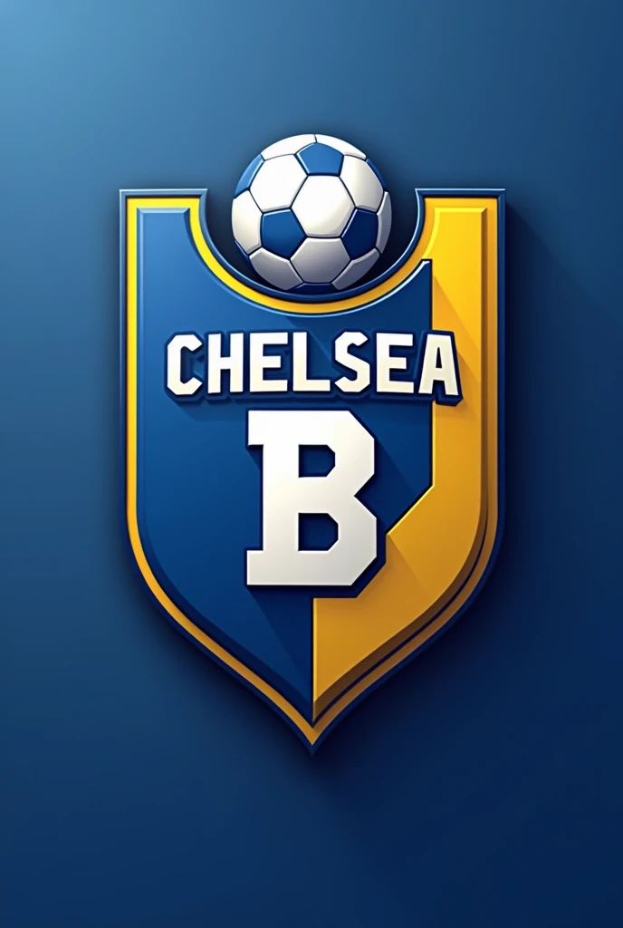 "Create a shield for a football team called 'Chelsea B'. The design should include the title 'Chelsea B' prominently. Use light blue, dark blue and YELLOW as main colors. The shield should have a modern and elegant look, incorporating elements that symbolize strength, unity and sportsmanship. besides, include a football in the design, that integrates harmoniously with the shield."