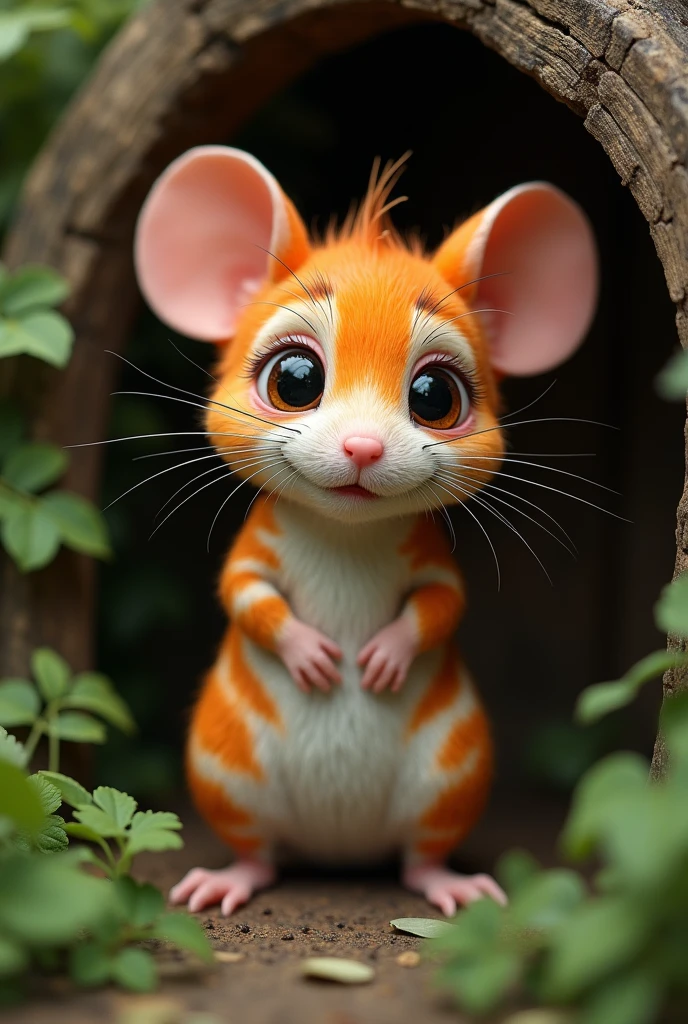 an orange marbled mouse missing an ear