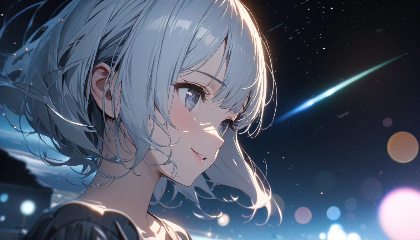 ((ultra-detailed))/(one women with short white hair and bob hair.、beautiful silver eyes,.、smile、gentle smile on her face、flat chest, one Beautiful girl,((masterpiece, illustration, best quality) ((ultra-detailed))/)Masterpiece\,standing on a field which is night time and there is a comet and a lot of stars in the sky,濃い青とBeautiful Blueのグラデーション, High resolution, 8K HD detail, hyper-detail, cinematic, surrealism, soft light, deep field focus bokeh, ray tracing and surrealism. --v6'