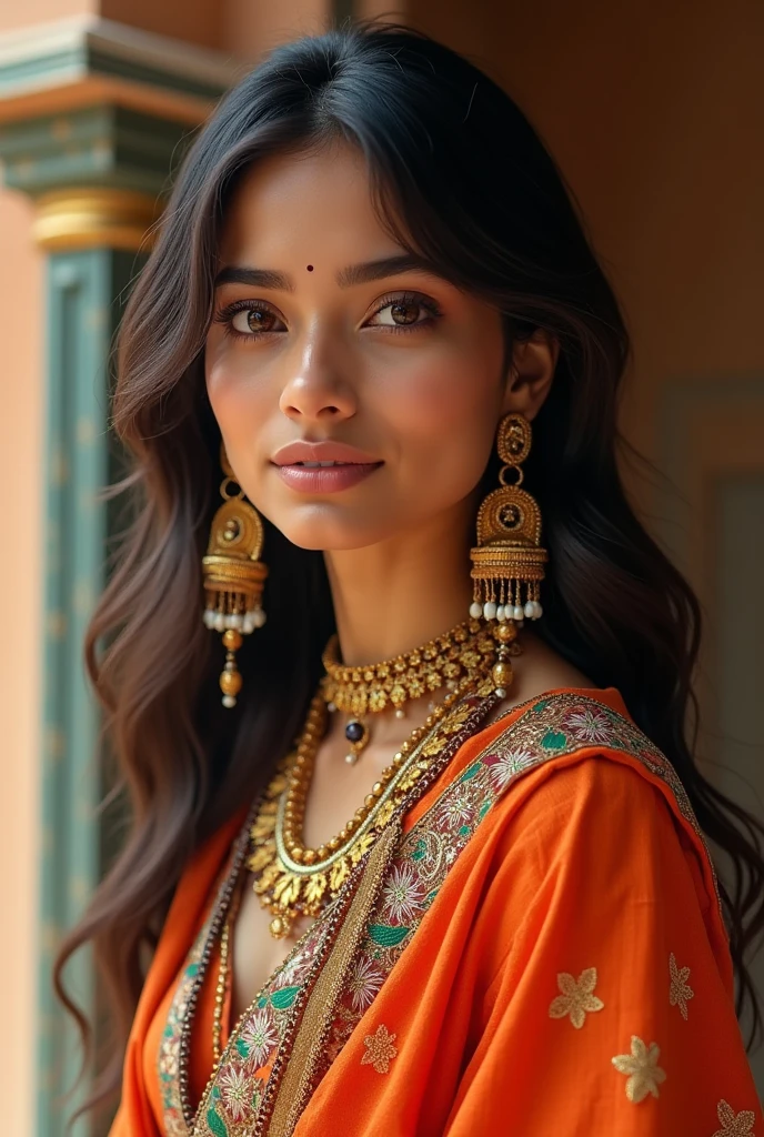 Craft a hyper realistic and vivid description of an exceptionally attractive Gen Z Indian girl who skillfully fuses traditional elements with contemporary style. Capture her fashion-forward choices, vibrant personality, and the unique charm she brings to embody the intersection of age-old traditions and the spirited trends of today's generation. Explore how her cultural roots and modern flair seamlessly coalesce, painting a picture of timeless allure and youthful exuberance