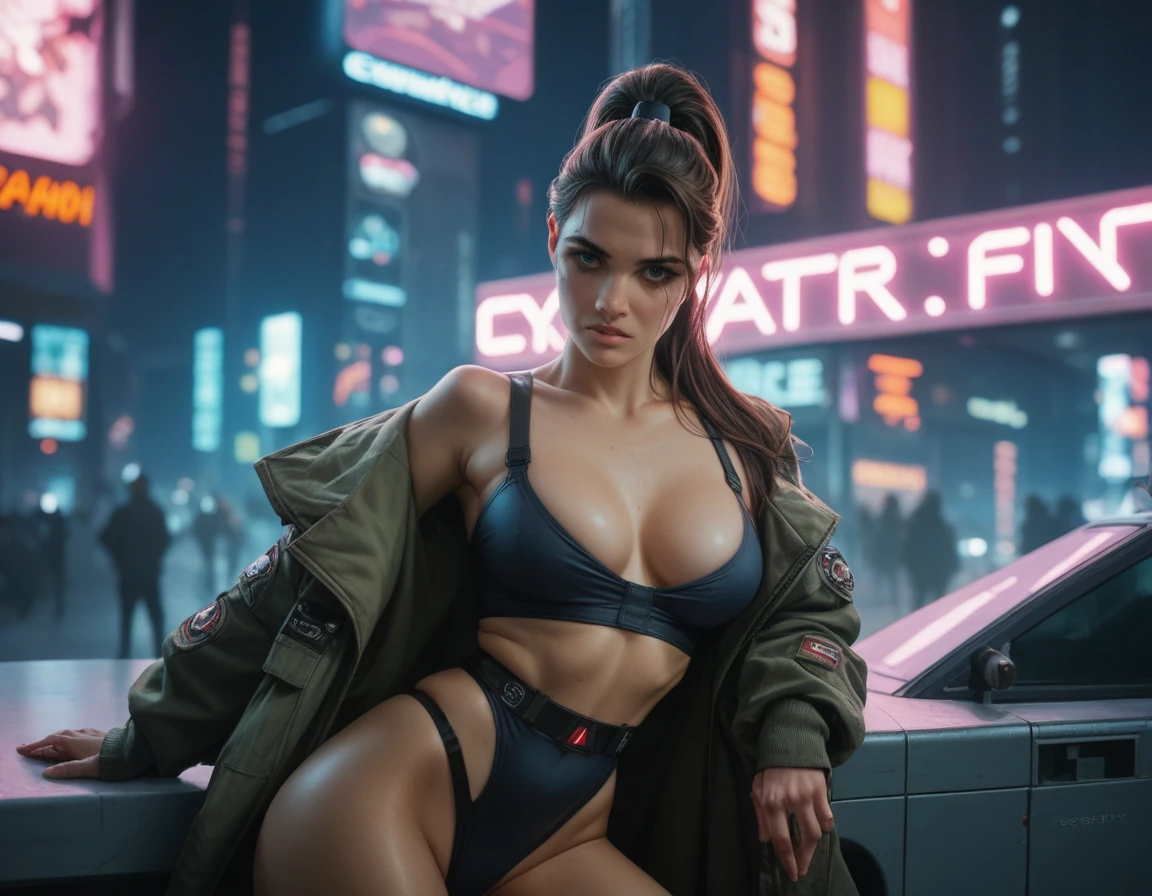 beautiful woman. militär, brown hair, ponytail. sexy. cyberpunk, neonlights, future. leder. babe, big booty, big tits, curvy. tanga