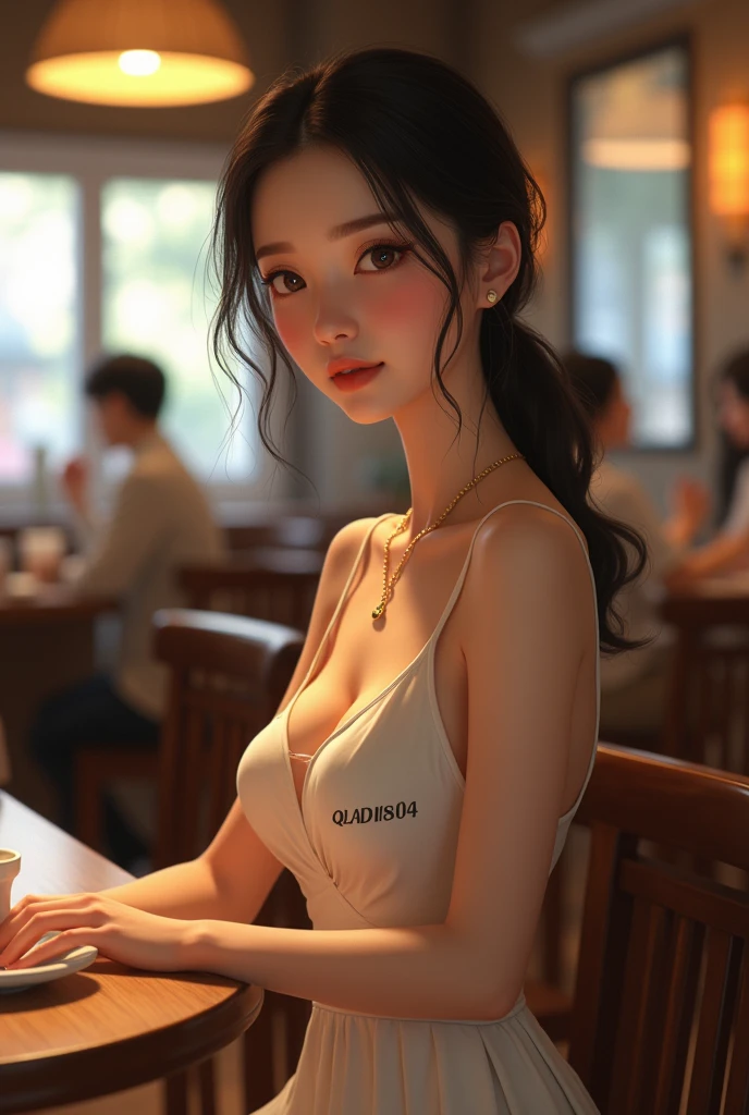 realistic slim and smart young chines girl, wearing dress, sitting in the coffee shop, wearing gold necklace, embossed name written on dress with the name of "QAIDI 804", realistic,