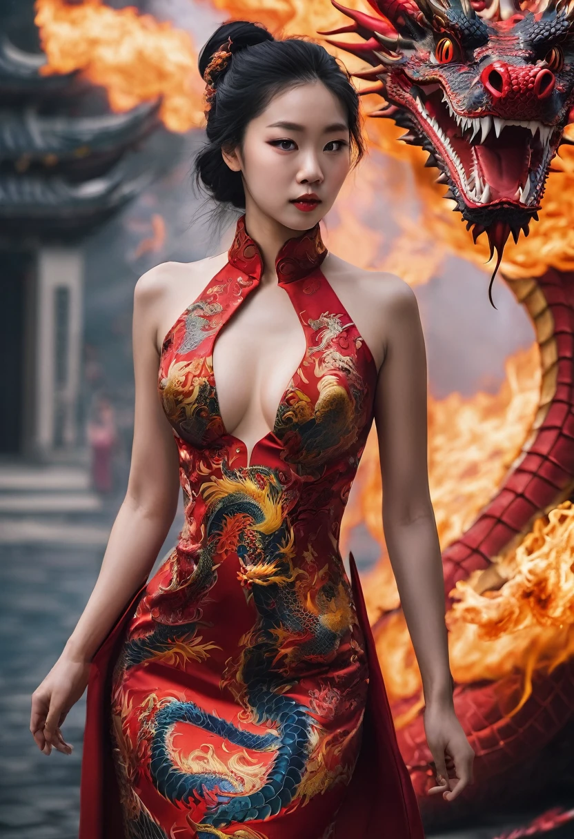 A close-up of a woman in a dress with a dragon, a photo inspired by Pu Hua, tumblr, Baroque, fire dress, intriguing suit, chinese dress, sexy dress, succubus in short tight dress, open dress, intricate dress, cheongsam, intricate fantasy dress, elegant and revealing dress, Open V chest clothing, dress made of fire, dragon girl