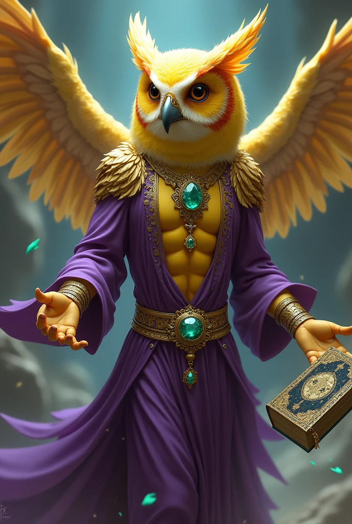 Yellow-skinned human, Egyptian semblance
Human body and owl head
Purple clothing
Full gold and emerald jewel necklace
Floating book with gold ornaments