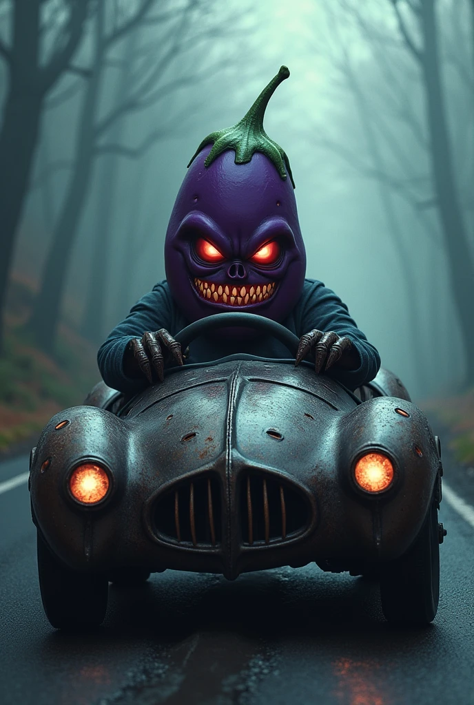 Draw a scary eggplant driving a scary car