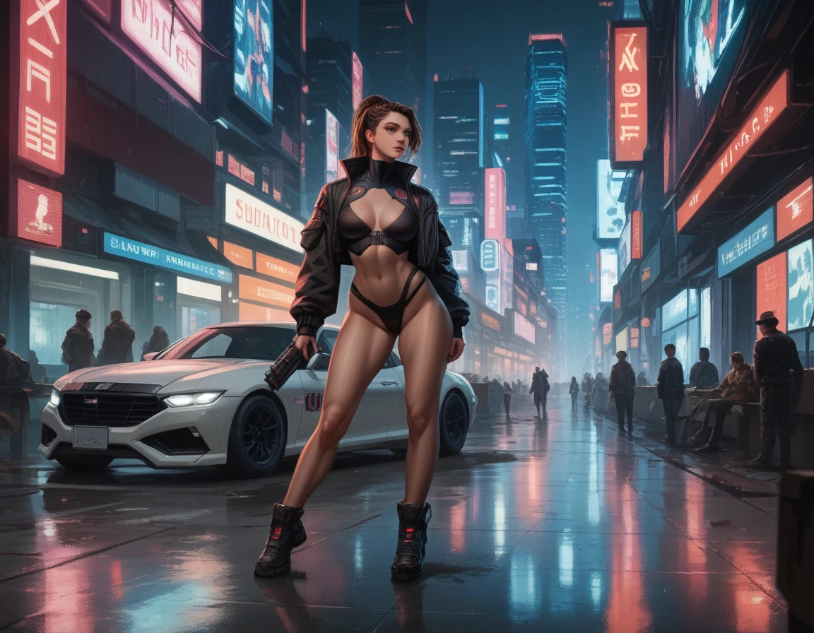 beautiful woman. militär, brown hair, ponytail. sexy. cyberpunk, neonlights, future. leder. babe, big booty, big tits, curvy. tanga, full body