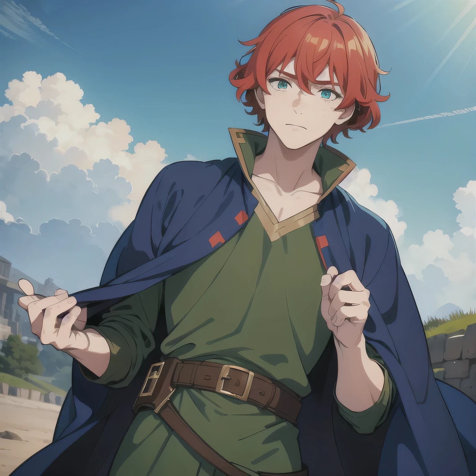 Number 1 - redhead, boy, curls, green eyes, freckles, blue caftan a la the Russian army of 1812, one boy in the frame