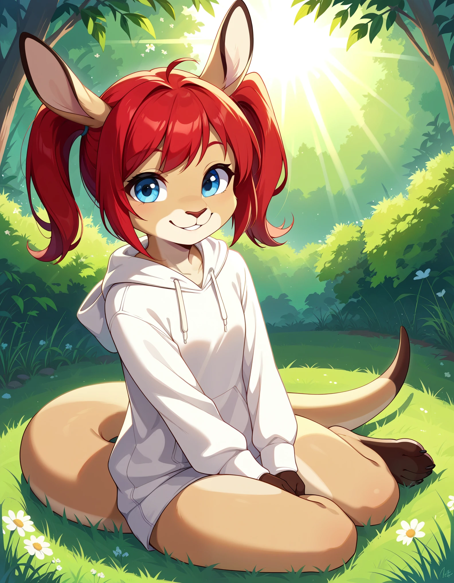 score_9, score_8_up, score_7, rating_ safe, source_furry, furry, camille_w, solo, red hair, twintails, blue eyes, hoodie, kangaroo tail, sitting, outdoors, grass, looking at viewer, smile, cute, sunlight, natural lighting, 