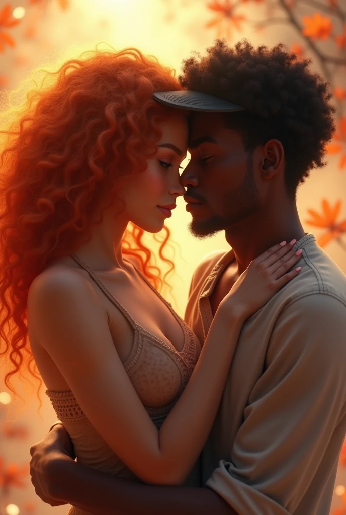 The couple is a white woman with orange curly hair and a dark-skinned man wearing a cap.