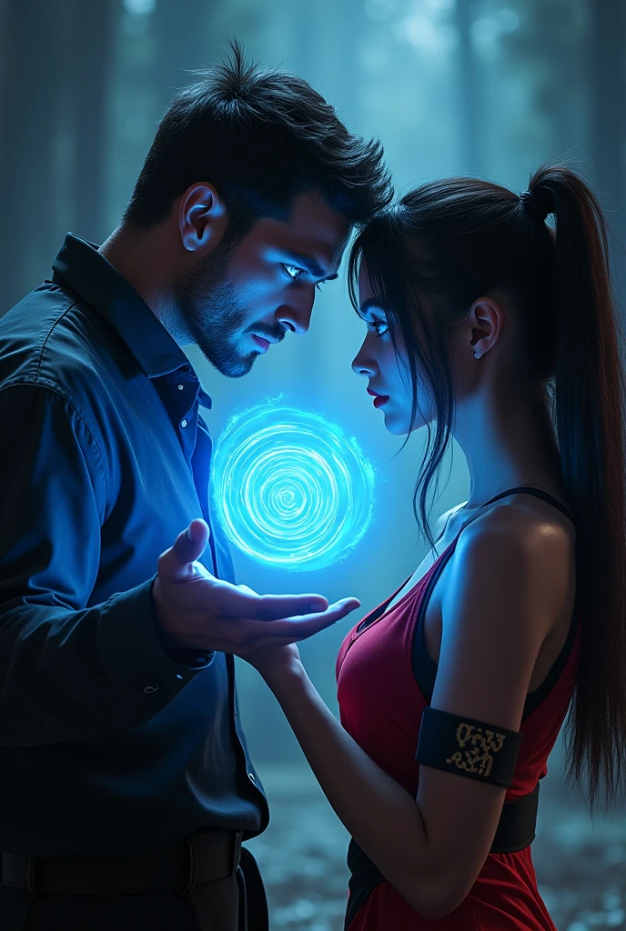 (a man with glowing blue eyes posing his hand on half masked ninja girl,he is creating hypnotic spiral circle from his hands in front of her face
She is ver hot sexy ninja in red black dress