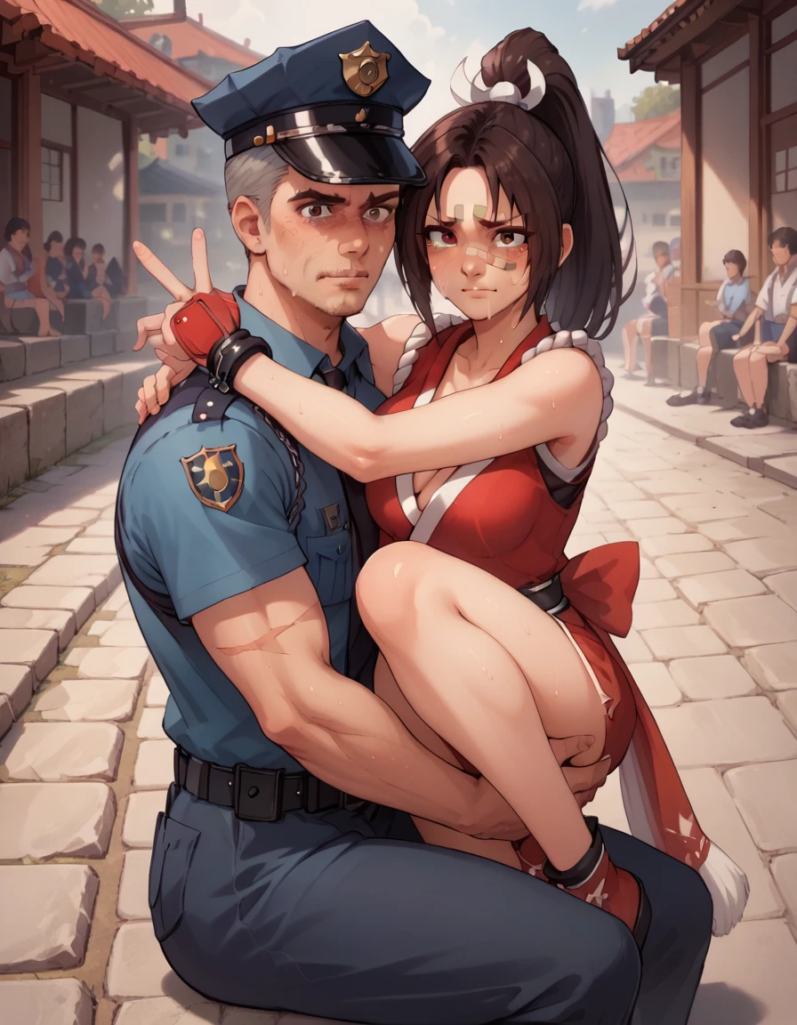 mai shirnui, Hug with male police officer、score_9, score_8_upper, score_7_upper, score_6_upper, score_5_upper, score_4_upper、Inspired by Japanese manga style, Manga style, How to draw manga, Digital drawing, An 8K masterpiece depicting a Japanese manga about girls in their twenties, Act as a slave, Anguished expression, A gesture of defeat, Torn clothes and black jilbab, Hands restrained by chains, spread, Sit upright on the stone pavement. Surrounded by a crowd of women. Face full of scars、Skin shiny with sweat、、 crying wet bursting out eyes, real tears streaming down face, ultra-detailed eyes,,expression of despair,Illumination that emphasizes shiny sweat{{{Spread }}},Infuriated, bandaid on face,tatteredclothing