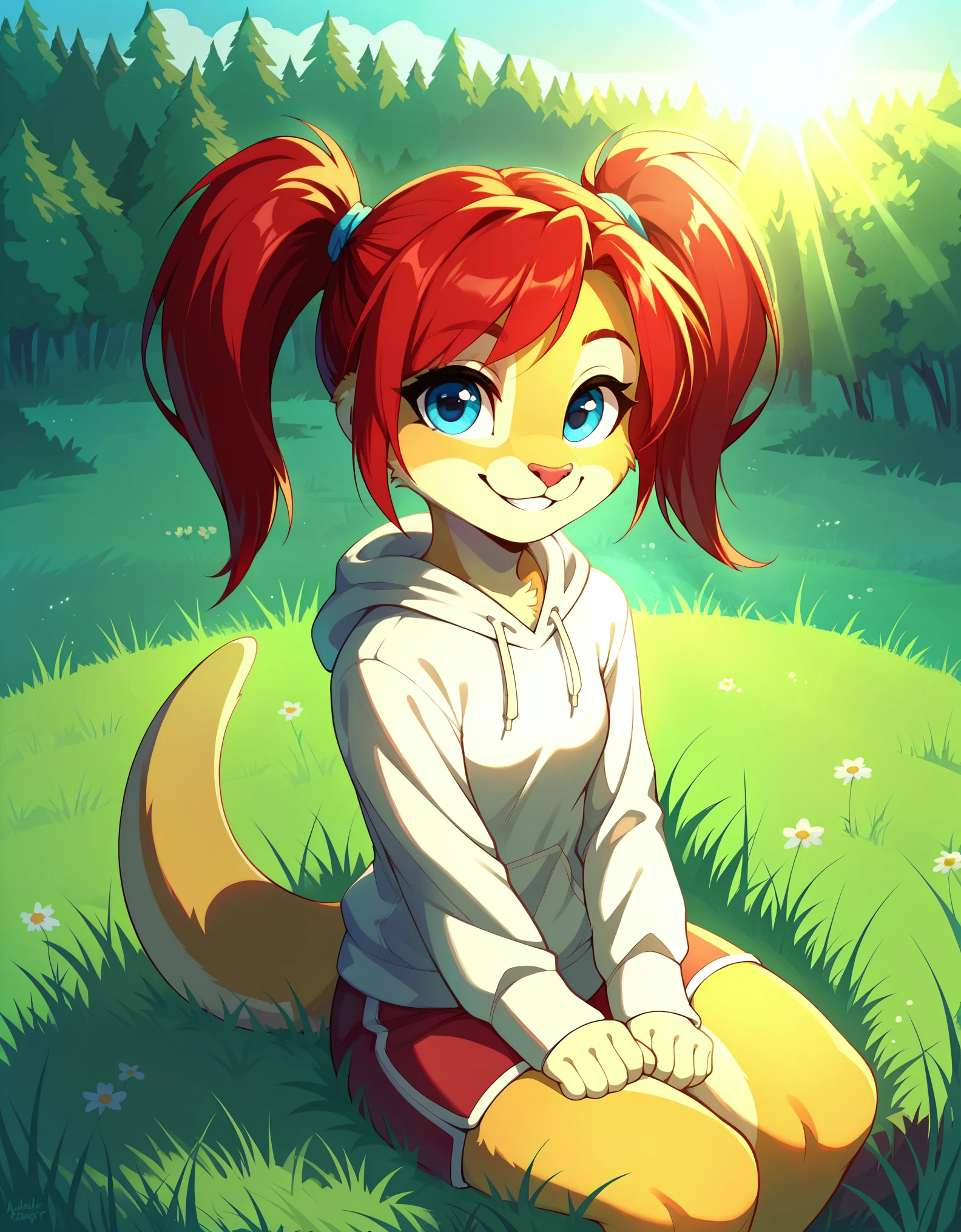 score_9, score_8_up, score_7, rating_ safe, source_furry, furry, camille_w, solo, red hair, twintails, blue eyes, hoodie, (kangaroo tail:0.7), sitting, outdoors, grass, looking at viewer, smile, cute, sunlight, natural lighting, 