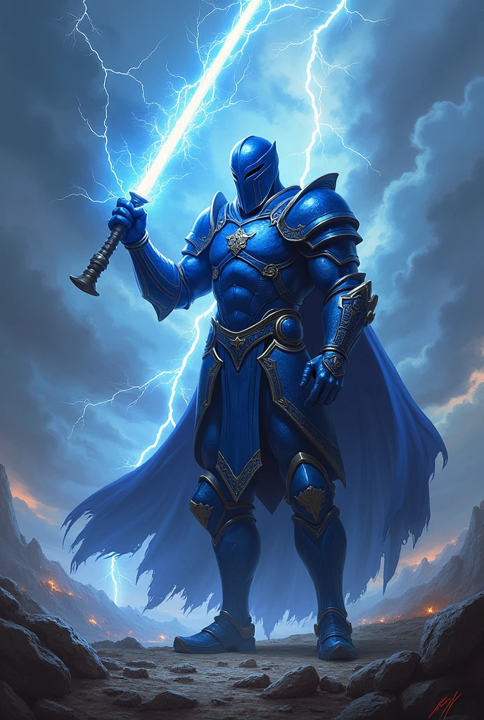 A warrior in blue armor and a closed blue helmet stands on a battlefield with a lightning bolt in his right hand.