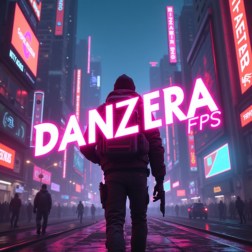 Generate an image in a Neon setting, written ''Danzera FPS'' very large