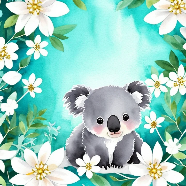 cute chibi bright adorable  koala bear watercolor artistic style surrounded by white and teal flower arrangement on a white background