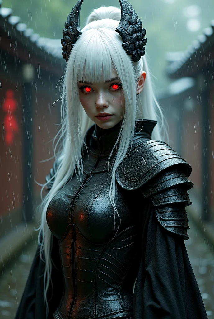 geisha. Black and chrome medieval armor. white  hair. eerie glowing red eyes. wet. rain background 