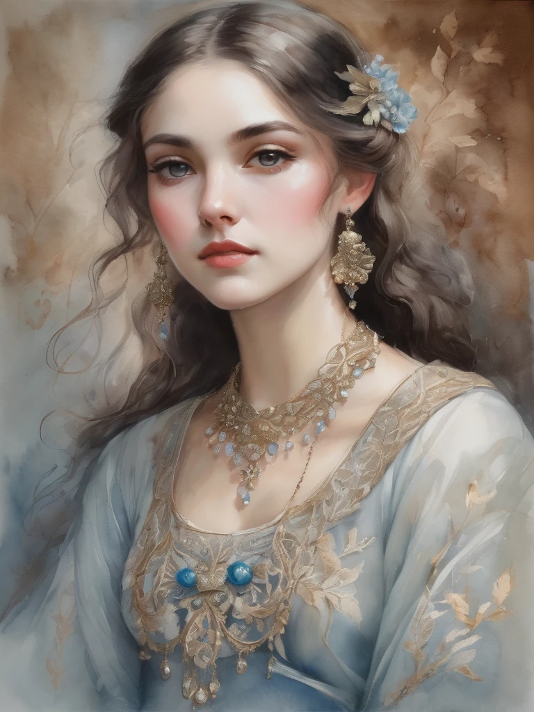 "A painting, in watercolor strokes, pastel tones depicts a beautiful woman with pale eyes, detailed eyelashes, and meticulously shaped eyebrows. Her face is exquisitely detailed, with a full mouth, lightly tanned skin, accentuated by a soft blush. Her long brown hair highlights cascade gracefully over exposed shoulders, (((Perfect Full Body))). Through the skillful use of soft colors and fluid shapes, she creates a fascinating visual experience that captures the essence of her subjects. and Bak's intimate emotions is done with tenderness and subtlety, resulting in a work of art that is both captivating and evocative capturing the golden light of the golden houer. She wears a delicate silver tiara, red stone with matching earrings and a. necklace adorned with dried flowers and leaves are subtly interwoven into her look, enhancing her ethereal presence. Her light fabric dresses, in shades of gray and soft blue, feature intricate and delicate embroidery. capturing the delicate beauty and serene elegance of the moment.
