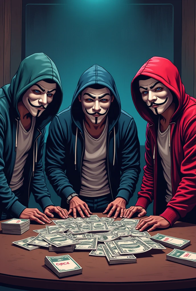 Draw me a cartoon image of 3 male criminals in their early 20s wearing anonymous masks, with drugs and money on a table. , with a table in the background that says Coco boyz