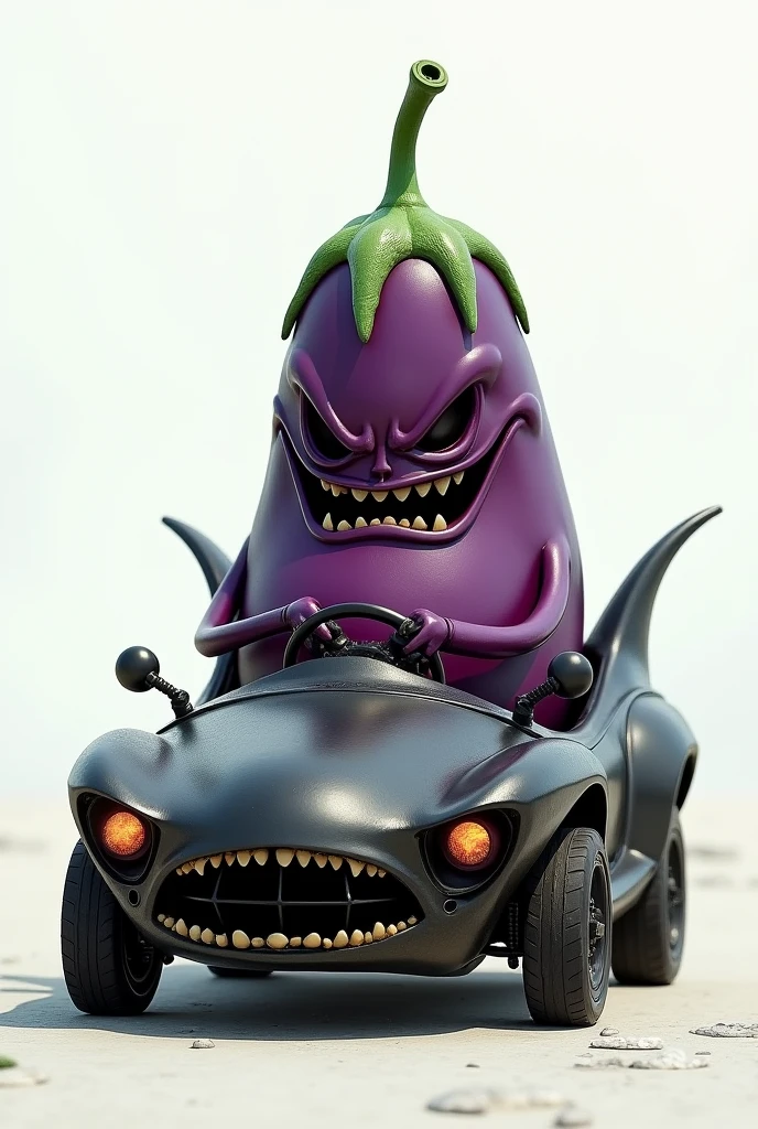 Scary eggplant driving a scary car near the camera and the white background