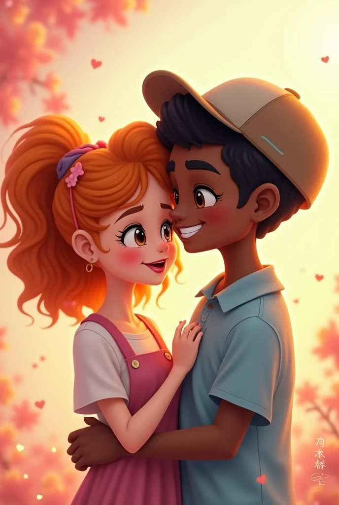Kawaii couple, she is white, orange curly hair, he is dark skinned, wearing a cap
