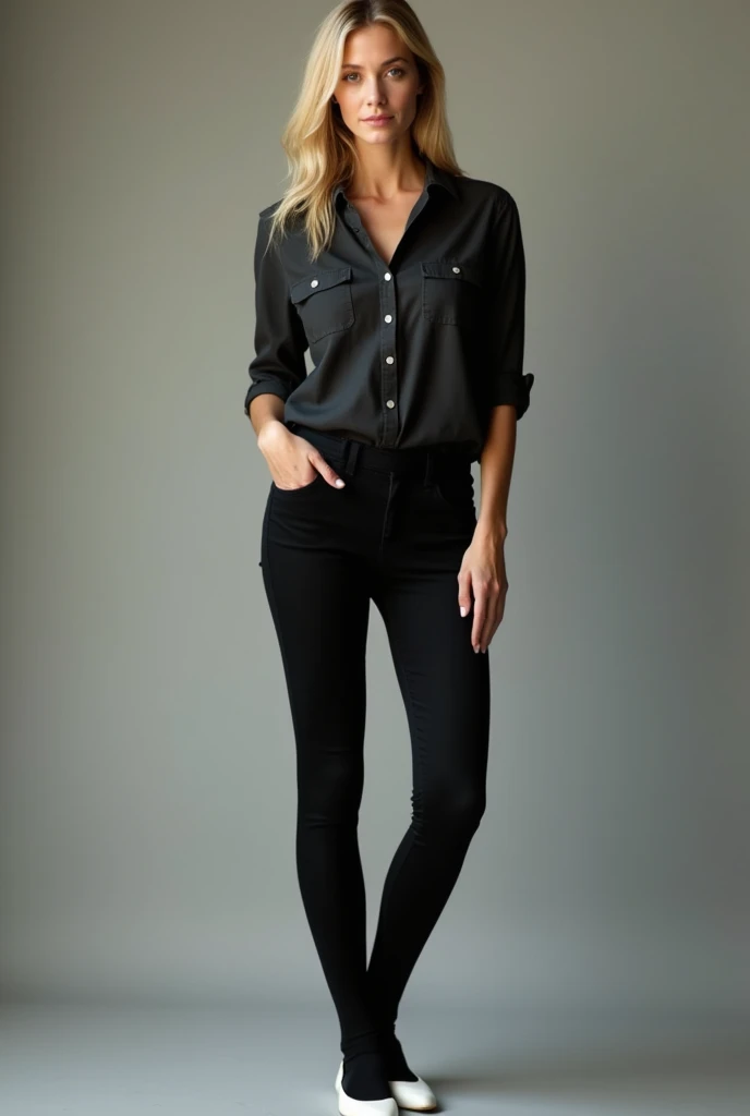 a pretty woman, 42 years old, blonde hair, pretty face, dark shirt, black tights, white ballerinas, FULL BODY shot